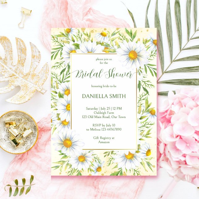 Vild daisy blommor vår sommartid möhippa inbjudningar (Wild daisy flowers yellow green spring summer bridal shower invitation template digital download )