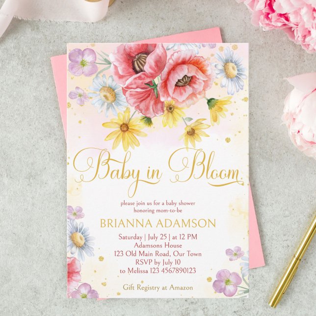 Vild daisy poppy baby i bloombabyduschtemplat inbjudningar (Skapare uppladdad)