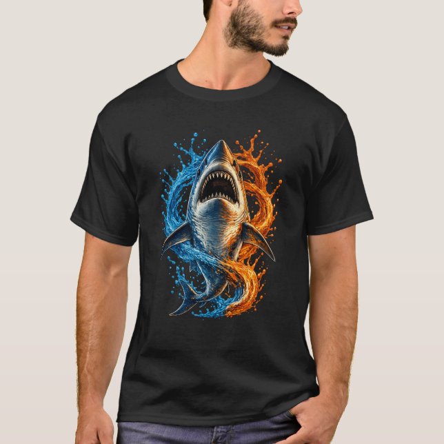 Vild design med hajstänk – Blå och orange ocean P T Shirt (Framsida)