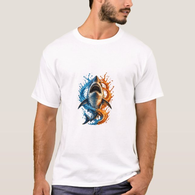 Vild design med hajstänk – Blå & Orange Ocean P T Shirt (Framsida)