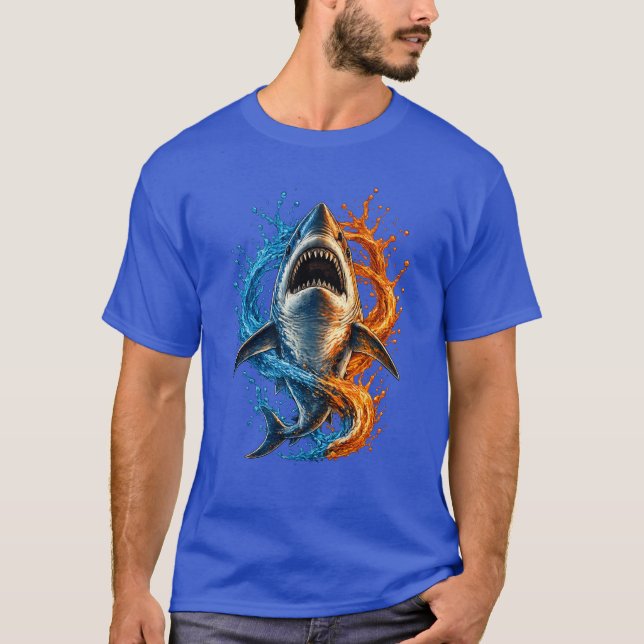 Vild design med hajstänk – Blå & Orange Ocean P T Shirt (Framsida)