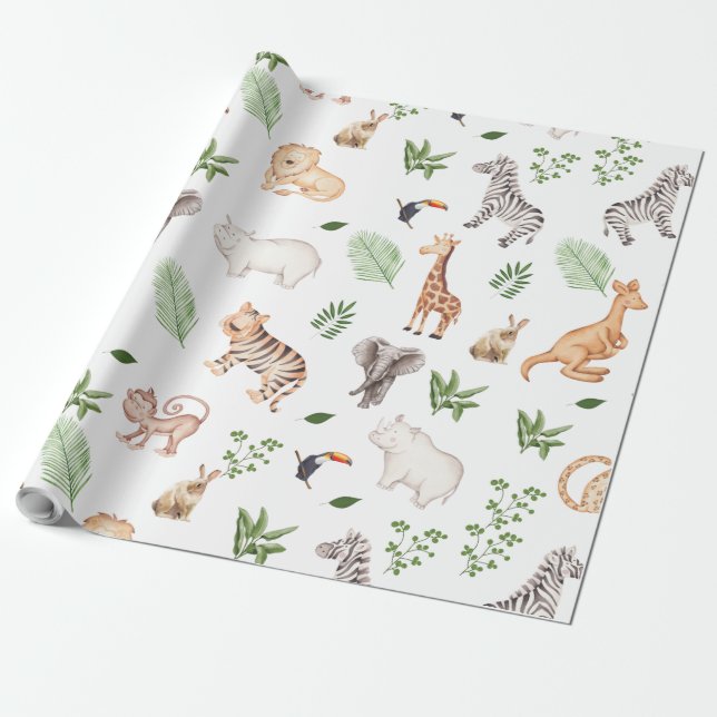 vild djur med jungle Träd mönster Presentpapper (Utrullad)