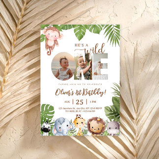 Vild Djur Safari Födelsedagsbilder 1-årsdag Inbjudningar