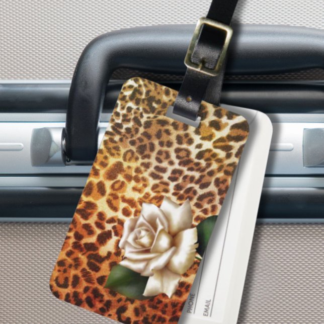 Vild Djuravtryck leopard vit ros Bagagebricka (Stay Wild Animal print leopard white rose Luggage Tag)