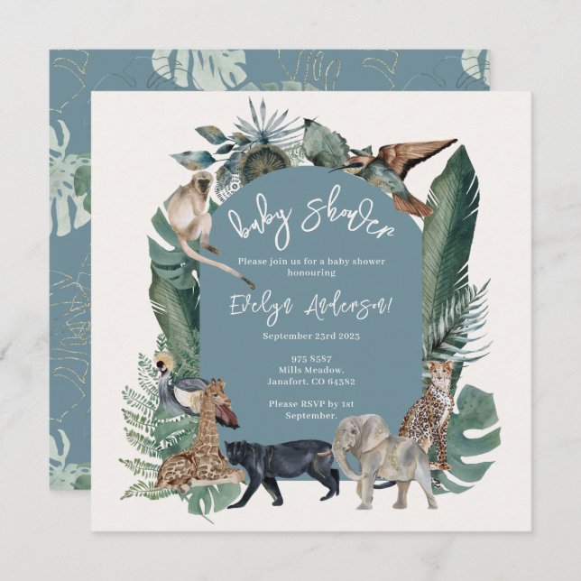 Vild Djurets vattenfärgstropiska blå babyskor Inbjudningar (Fram/baksida)