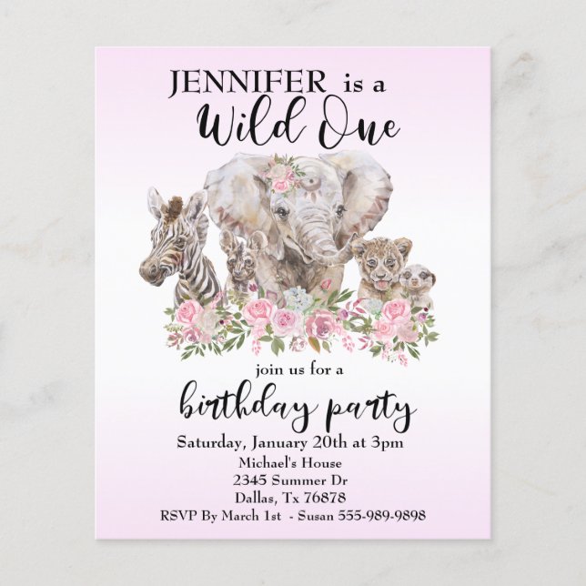 Vild Elefant Blommig Vattenfärg Djungel Budget Flygblad (Framsidan)