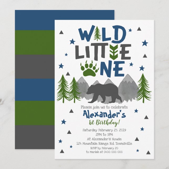 Vild en 1st födelsedaginbjudan för björn inbjudningar (Fram/baksida)