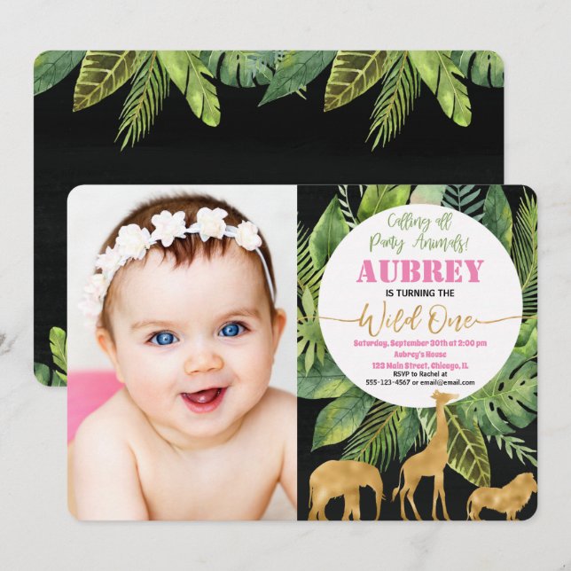 Vild en 1st safari för födelsedagfotoinbjudan inbjudningar (Fram/baksida)