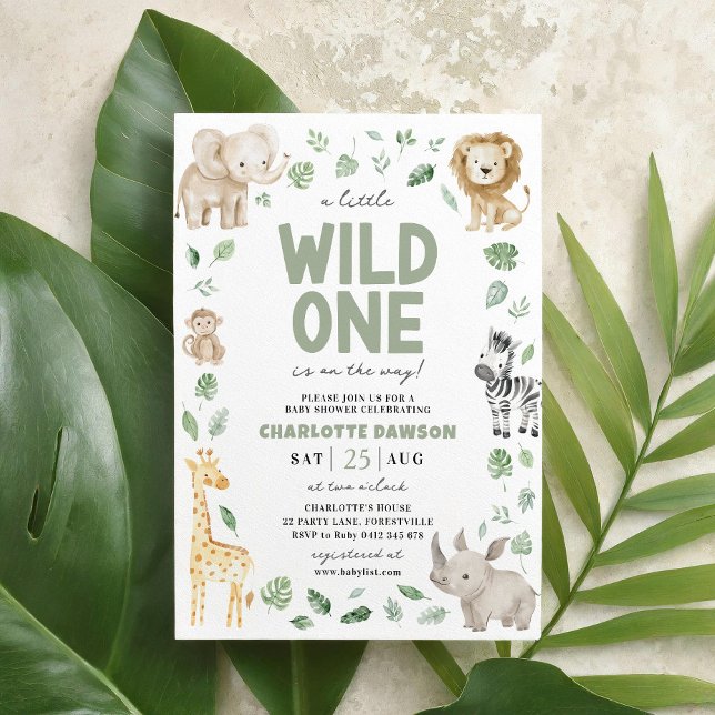 Vild en babystötare Safari Animal Jungle Inbjudningar (Wild One Baby Shower Invitation)