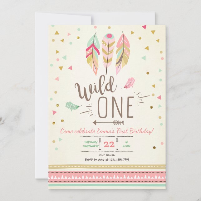 Vild en Birthday Girl Girl Rosa Guld 1st Boho Feat Inbjudningar (Framsida)