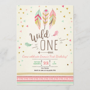 Vild en Birthday Girl Girl Rosa Guld 1st Boho Feat Inbjudningar