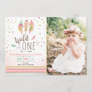 Vild en Birthday Girl Girl Rosa Guld 1st Boho Feat Inbjudningar