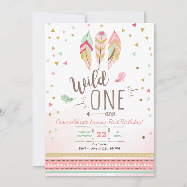 Vild en Birthday Girl Girl Rosa Guld 1st Boho Feat Inbjudningar (Framsida)
