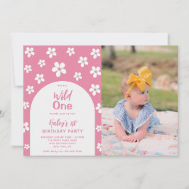 Vild en blommig fotobarn flicka 1-års födelsedagsf inbjudningar
