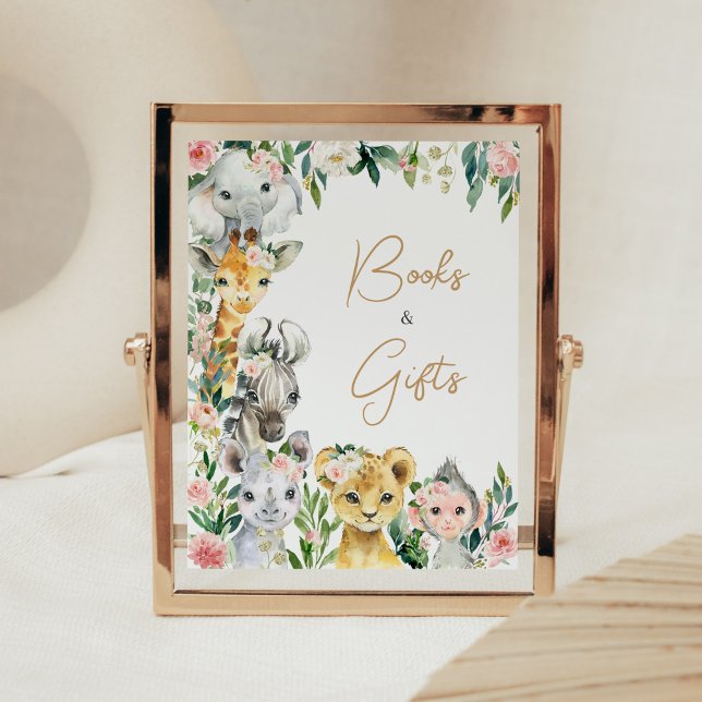 Vild En Blommigt Safari Baby Shower Bokar och pres Poster (Greenery Floral Wild One Baby Shower Books and Gifts Sign)