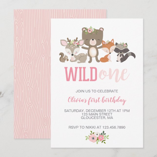 Vild En Blommigt Woodland Animal First Birthday In Inbjudningar (Fram/baksida)