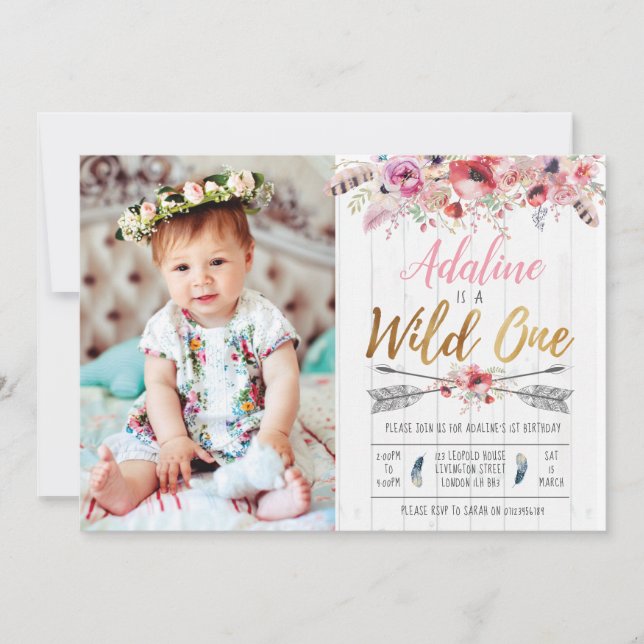 Vild En Boho Birthday Girls första födelsedag inbj Inbjudningar (Framsida)
