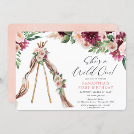 Vild en boho rustic blommigt flicka 1 år inbjudningar