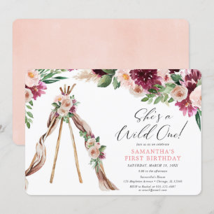 Vild en boho rustic blommigt flicka 1 år inbjudningar