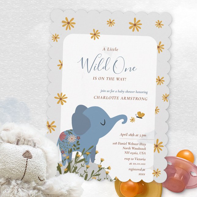 Vild en cute Elephant Blommigt Baby Shower Inbjudningar (Wild One Cute Elephant Floral Baby Shower Invitation ©Susanne Sachers - Sunny Mind Design 🌞)