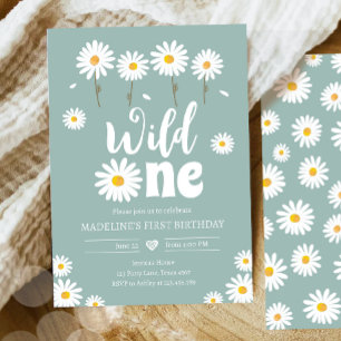 Vild En Daisy Boho Dusty Blue Girl Första Birthday Inbjudningar