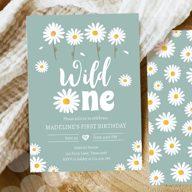 Vild En Daisy Boho Dusty Blue Girl Första Birthday Inbjudningar (Skapare uppladdad)