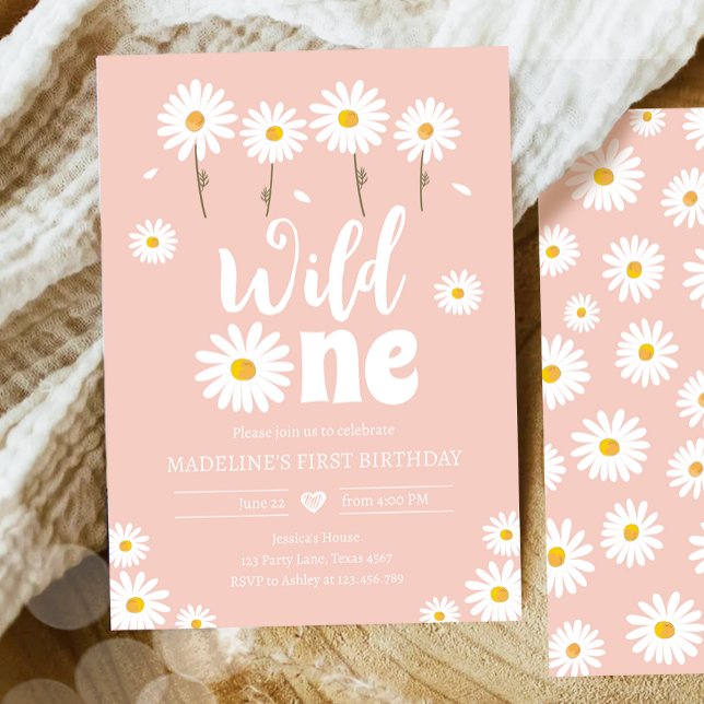 Vild En Daisy Boho Retro Rosa Girl Girl First Birt Inbjudningar (Skapare uppladdad)