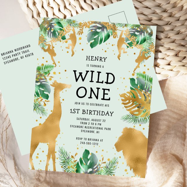 Vild en Djungelsafari 1-årsdag Grön Inbjudan Vykort (Skapare uppladdad)