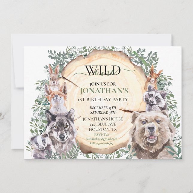 Vild En fågeldag Woodland Träd Animal Party Inbjudningar (Framsida)