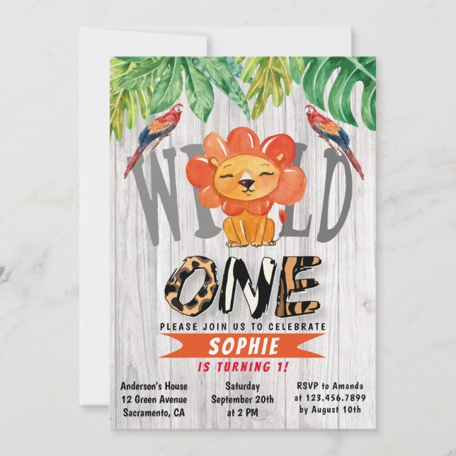 Vild En flickors vattenfärg Safari Lejonare 1:a fö Inbjudningar (Framsida)