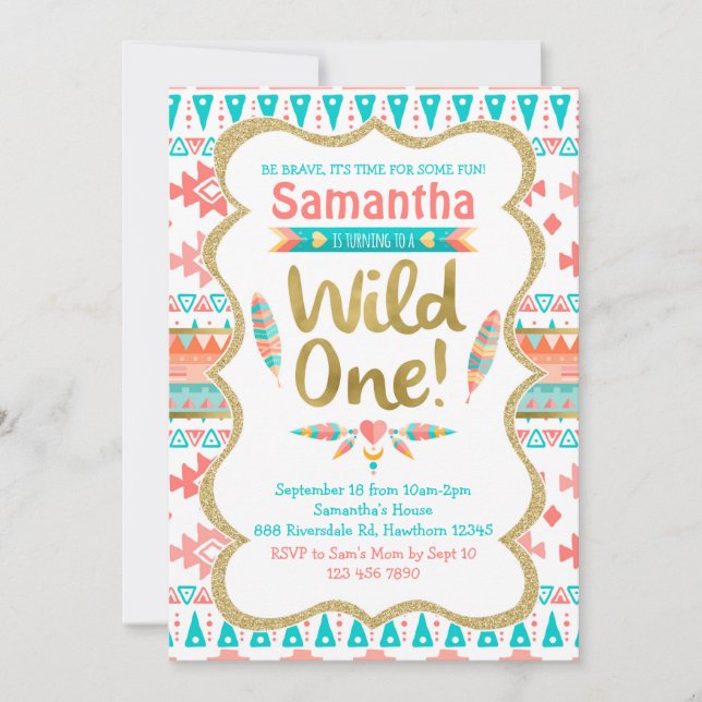 Vild En födelsedag, flicka 1:a födelsedag, stam Inbjudningar (Framsida)