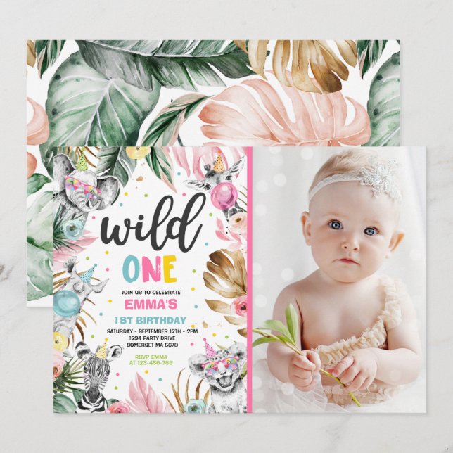 Vild En födelsedag Guld Safari Jungle Animals Part Inbjudningar (Fram/baksida)
