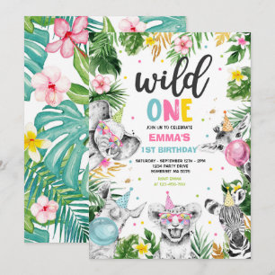 Vild En födelsedag Guld Safari Jungle Animals Part Inbjudningar