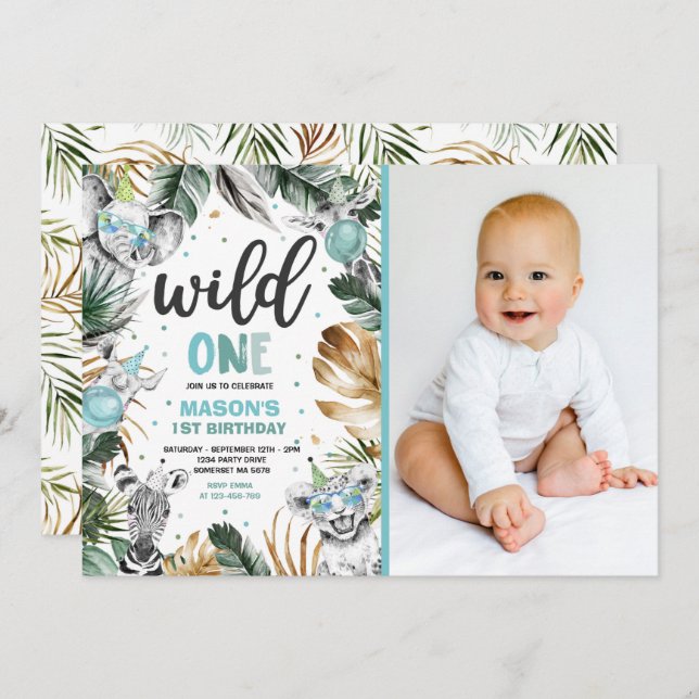 Vild En födelsedag Guld Safari Jungle Animals Part Inbjudningar (Fram/baksida)
