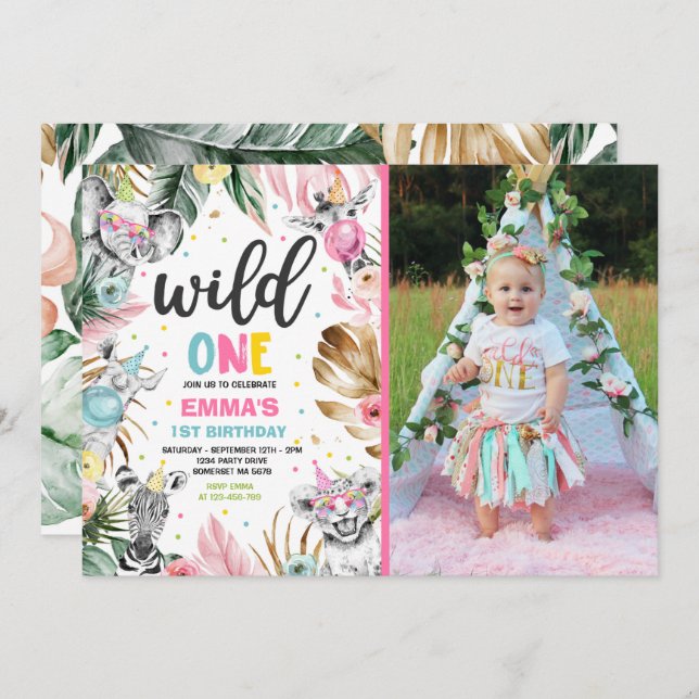 Vild En födelsedag Guld Safari Jungle Animals Part Inbjudningar (Fram/baksida)