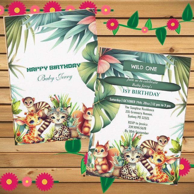 Vild En födelsedag Jungle Safari Tropical Greenery Inbjudningar (Wild One Birthday Jungle Safari Tropical Greenery Invitation)