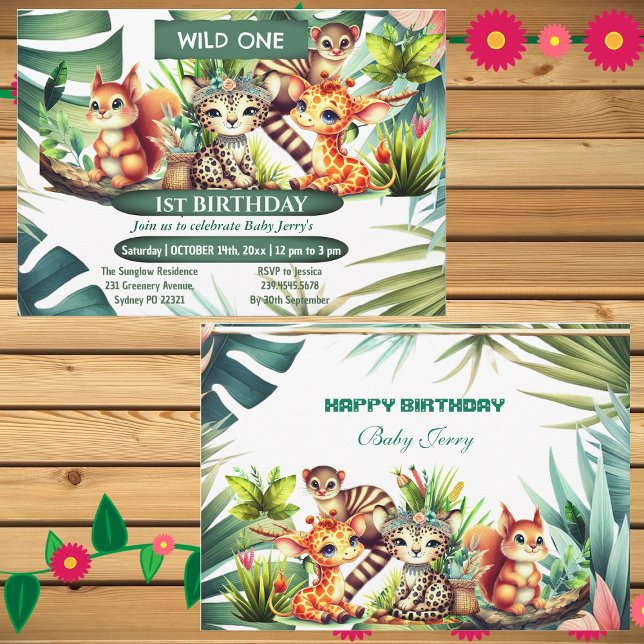 Vild En födelsedag Jungle Safari Tropical Greenery Inbjudningar (Wild One Birthday Jungle Safari Tropical Greenery Invitation)