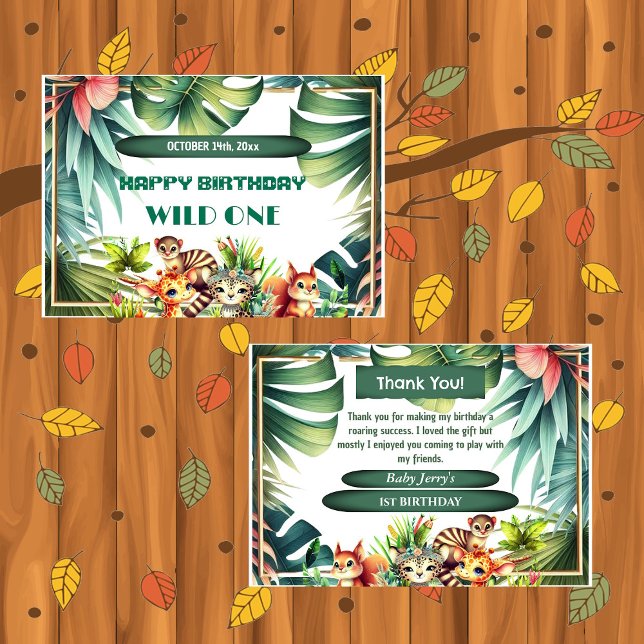 Vild En födelsedag Jungle Safari Tropical Greenery Tack Kort (Wild One Birthday Jungle Safari Tropical Leaves Greenery Thank You Card)