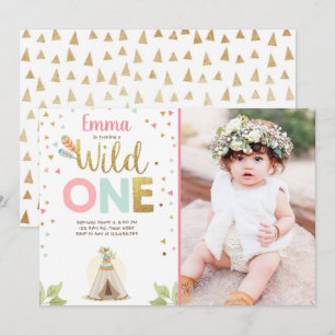 Vild En födelsedag Teepee Boho Tribal Rosa Girl Gi Inbjudningar