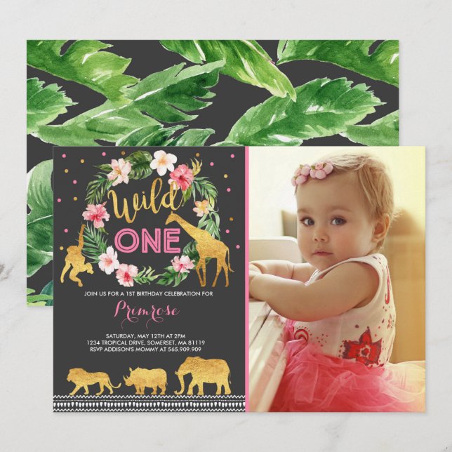 Vild En födelsedagars inbjudan till jungle Animals (Fram/baksida)