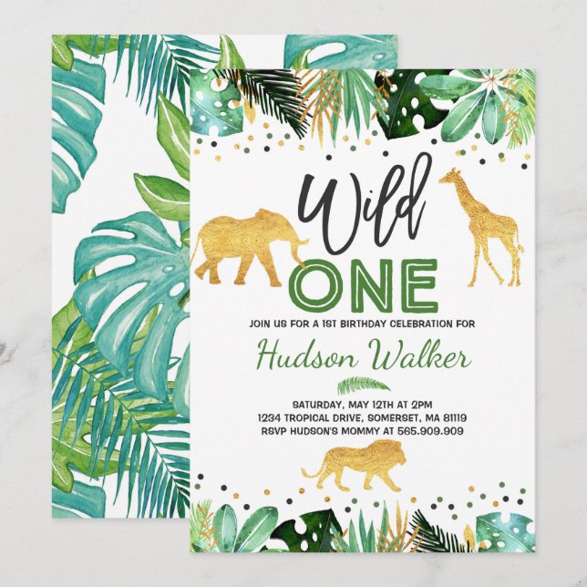 Vild En födelsedagars inbjudan till jungle Animals (Fram/baksida)