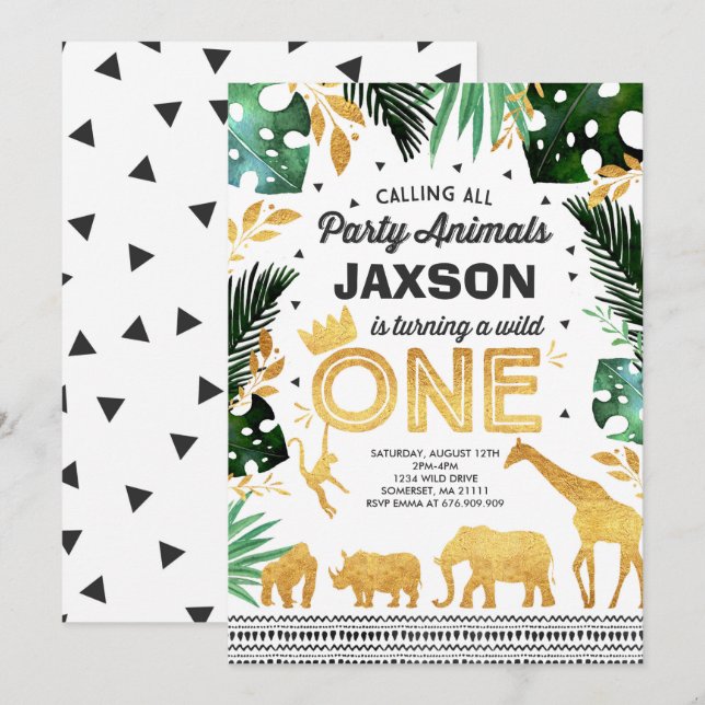 Vild En födelsedagars inbjudan till jungle Animals (Fram/baksida)