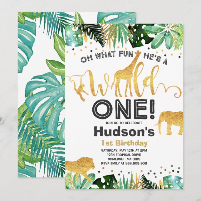 Vild En födelsedagars inbjudan till jungle Animals (Fram/baksida)