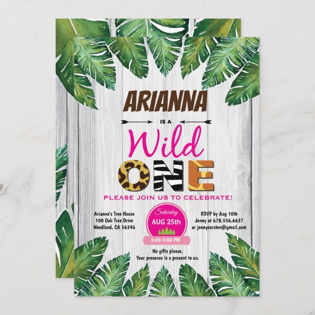 Vild en födelsedagsinbjudan. Flickdjungeltema Inbjudningar (Fram/baksida)