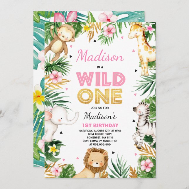 Vild En födelsedagsinbjudan Safari Animals Party Inbjudningar (Fram/baksida)