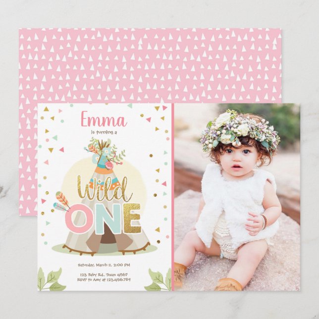 Vild En födelsedagstjuvel Boho Tribal Rosa Girl Inbjudningar (Fram/baksida)
