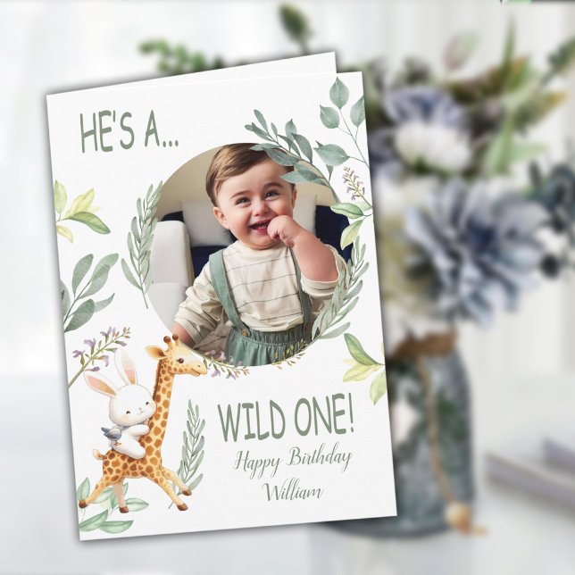 vild en första födelsedag Pojke Sötdjursfärg Kort (wild one 1st birthday Boy Sweet Animal watercolor Card)