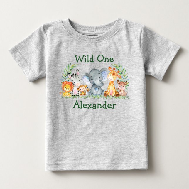 Vild En första födelsedag Safari Animals Grått T Shirt (Framsida)