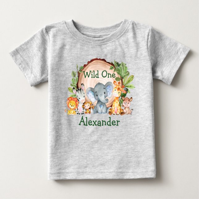 Vild En första födelsedag Safari Animals Greenery  T Shirt (Framsida)