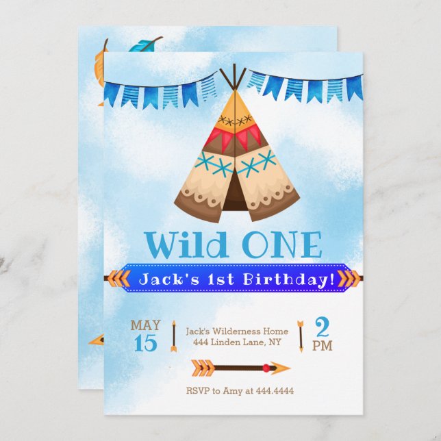 Vild en första födelsedagspojke inbjudningar (Fram/baksida)